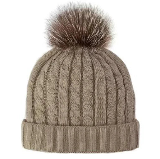 PomPom Cable Knit Beanie w Fleece Lining
