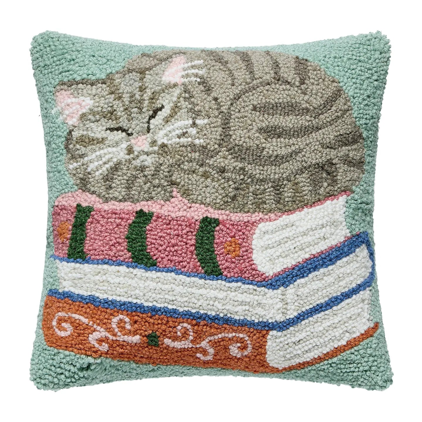 Cat on Books Hooked Pillow