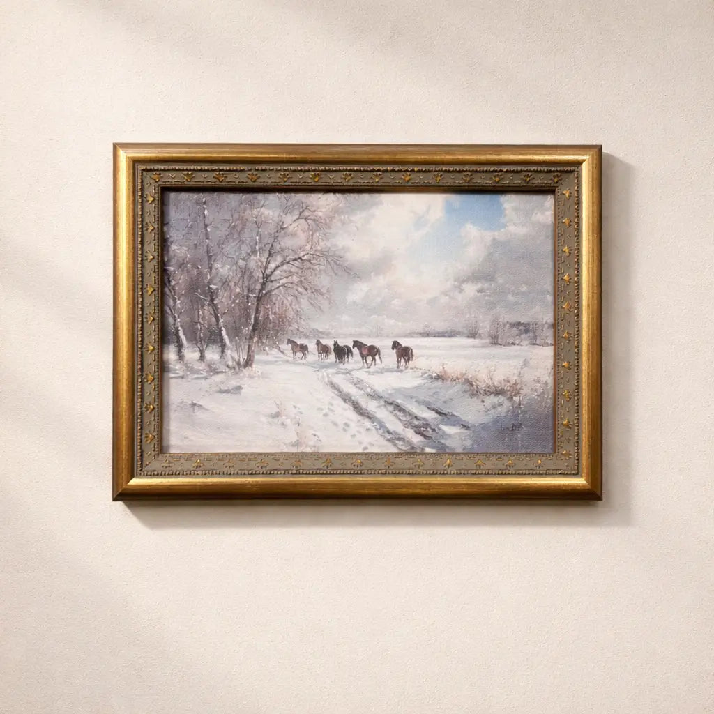 Winter Trailing Horses Vintage Print