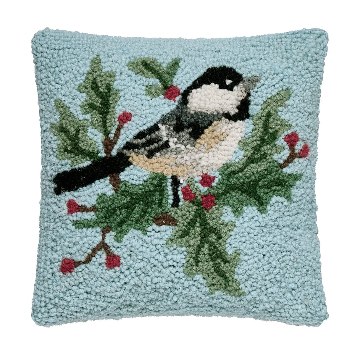 Chickadee Holiday Hooked Pillow
