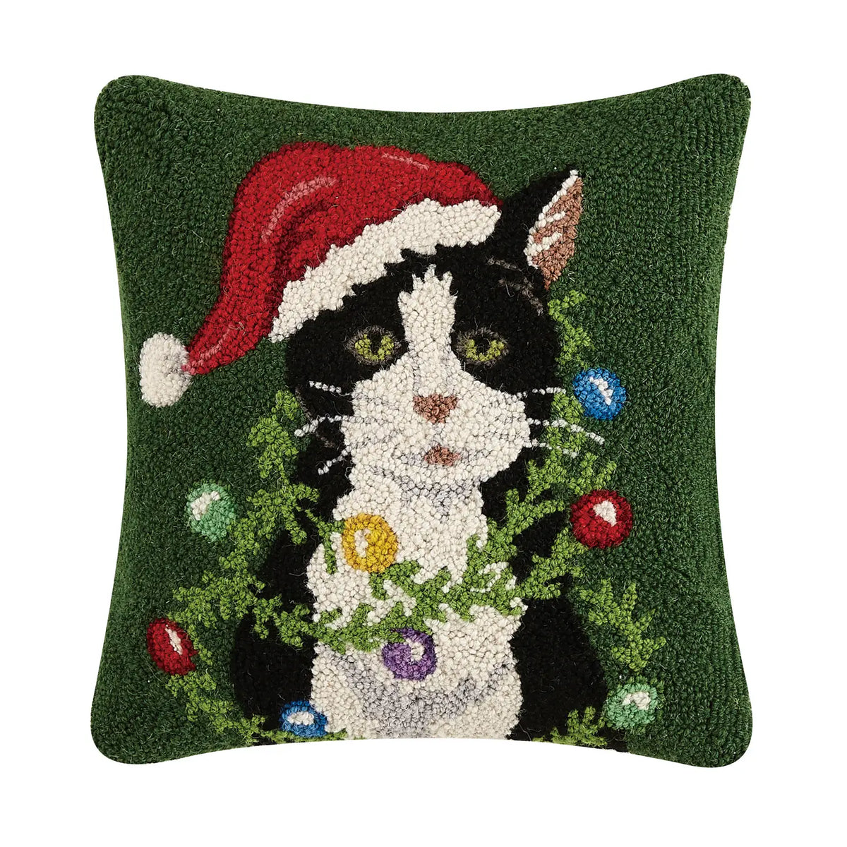 Holiday Cat Hooked Pillow