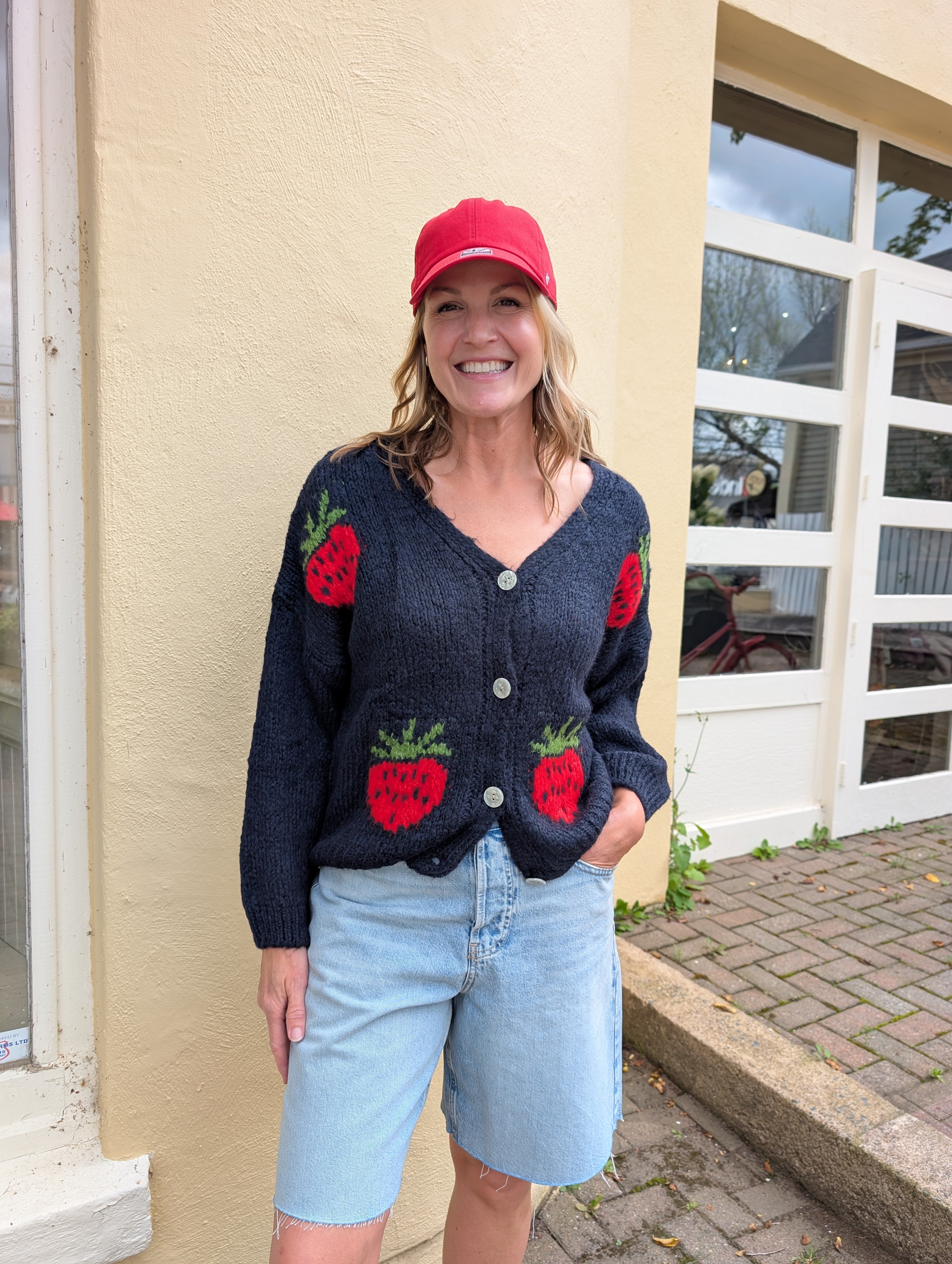strawberry knit cardi