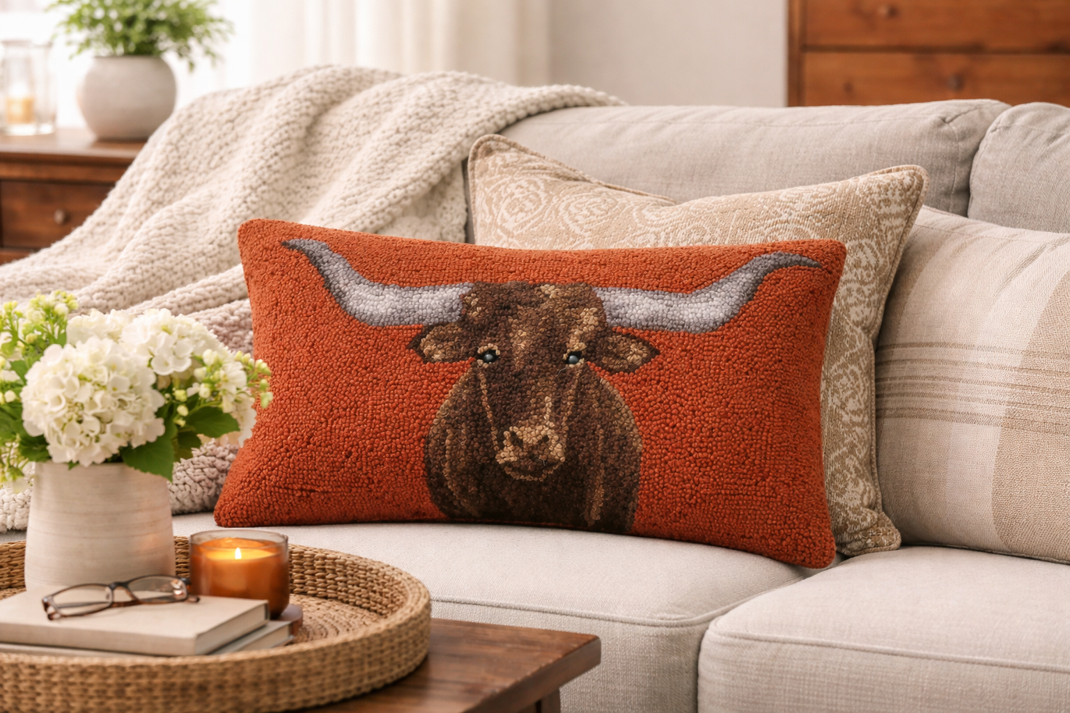 Longhorn Hooked Pillow