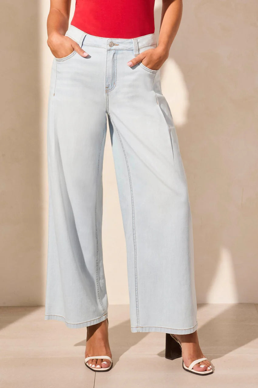 AUDREY LIGHT DENIM PLEATED WIDE LEG JEANS