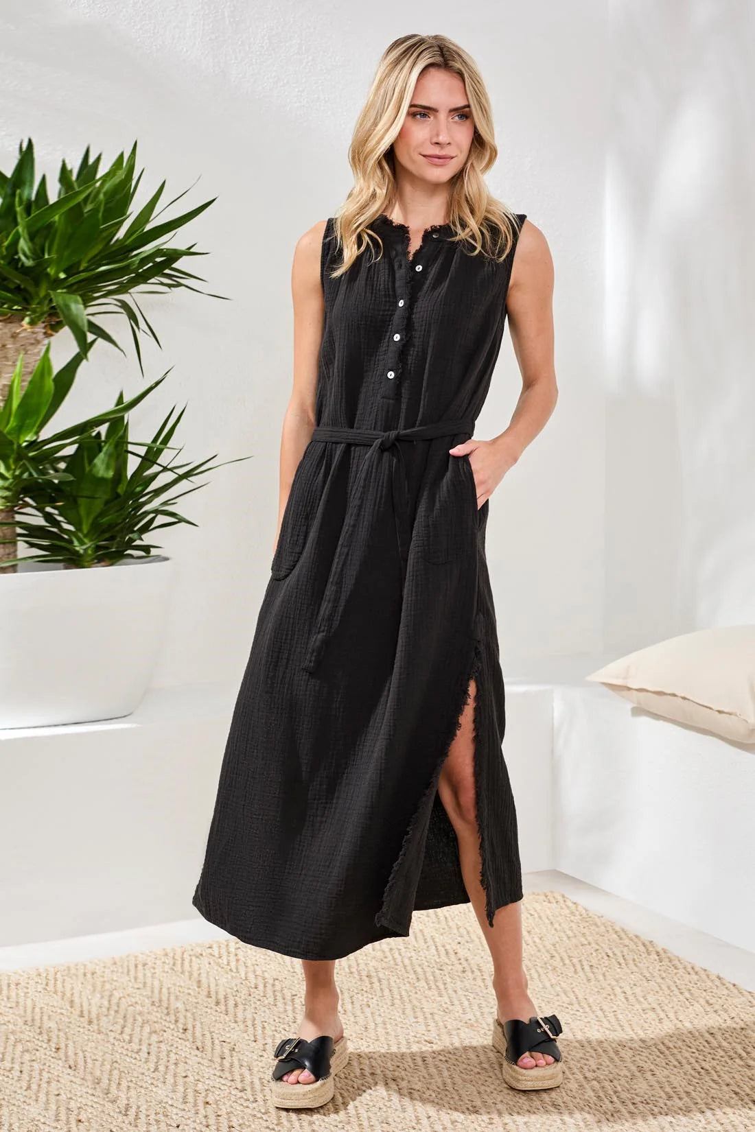 Crinkle Gauze Belted Maxi Dress