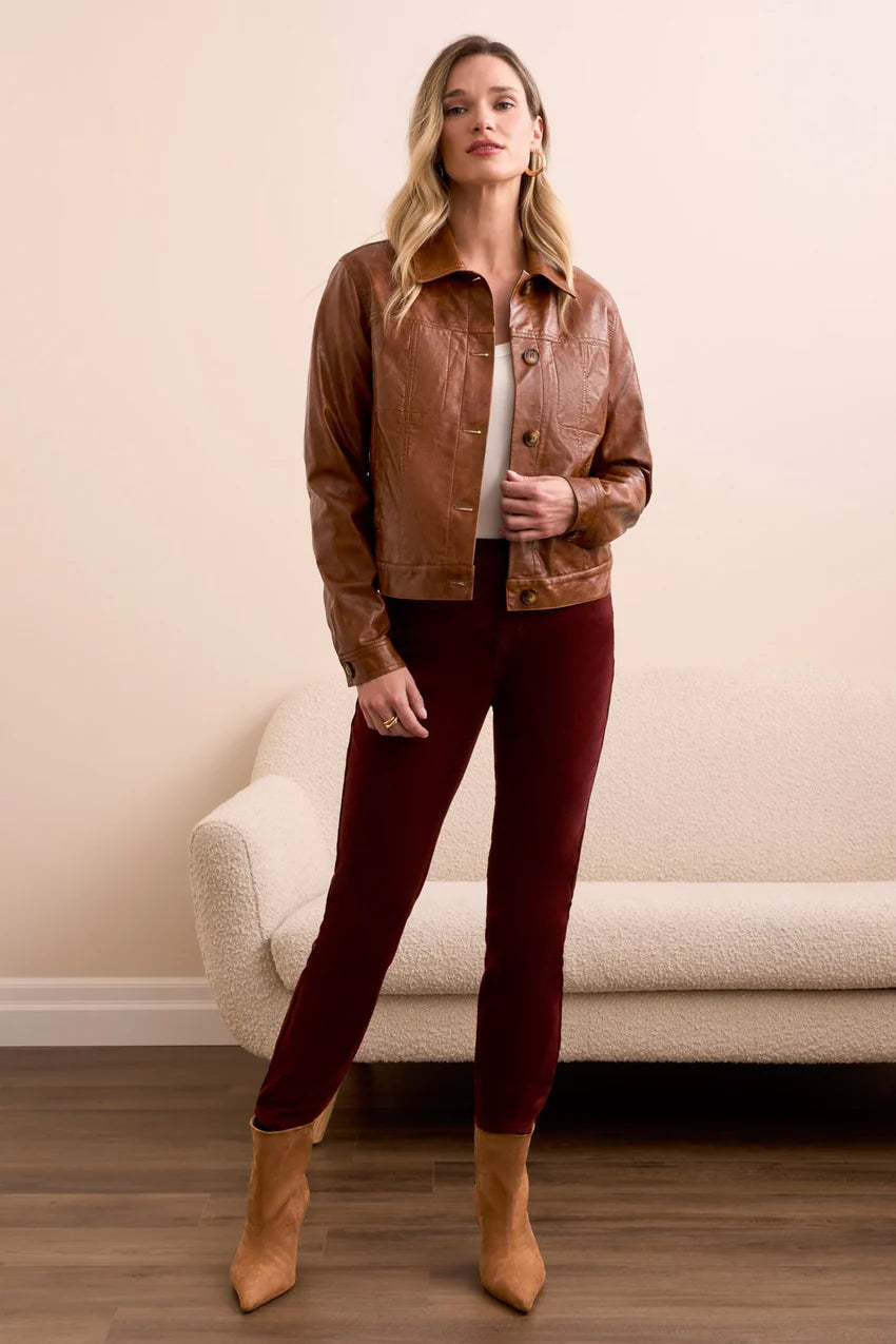 Faux Leather Button-Front Collar-Accent Jacket