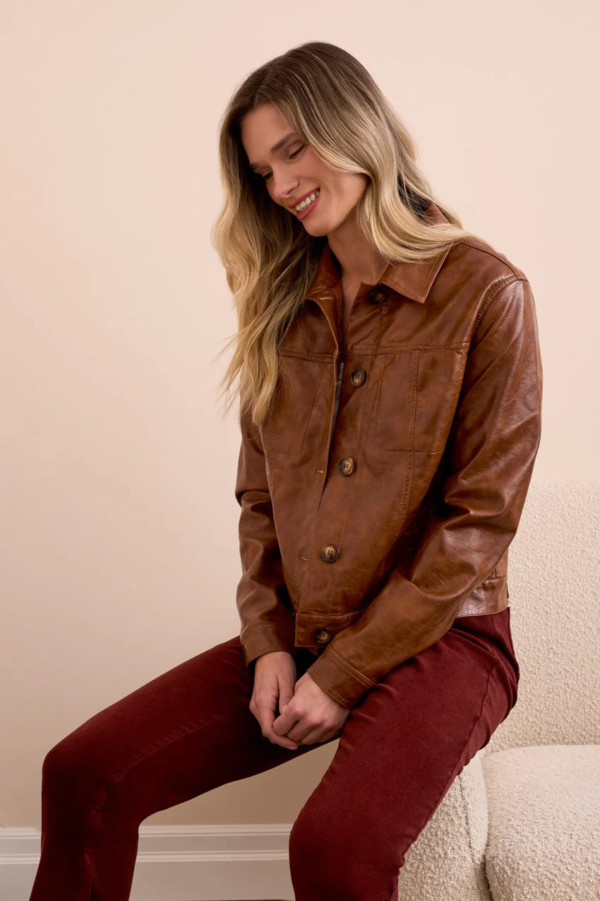 Faux Leather Button-Front Collar-Accent Jacket