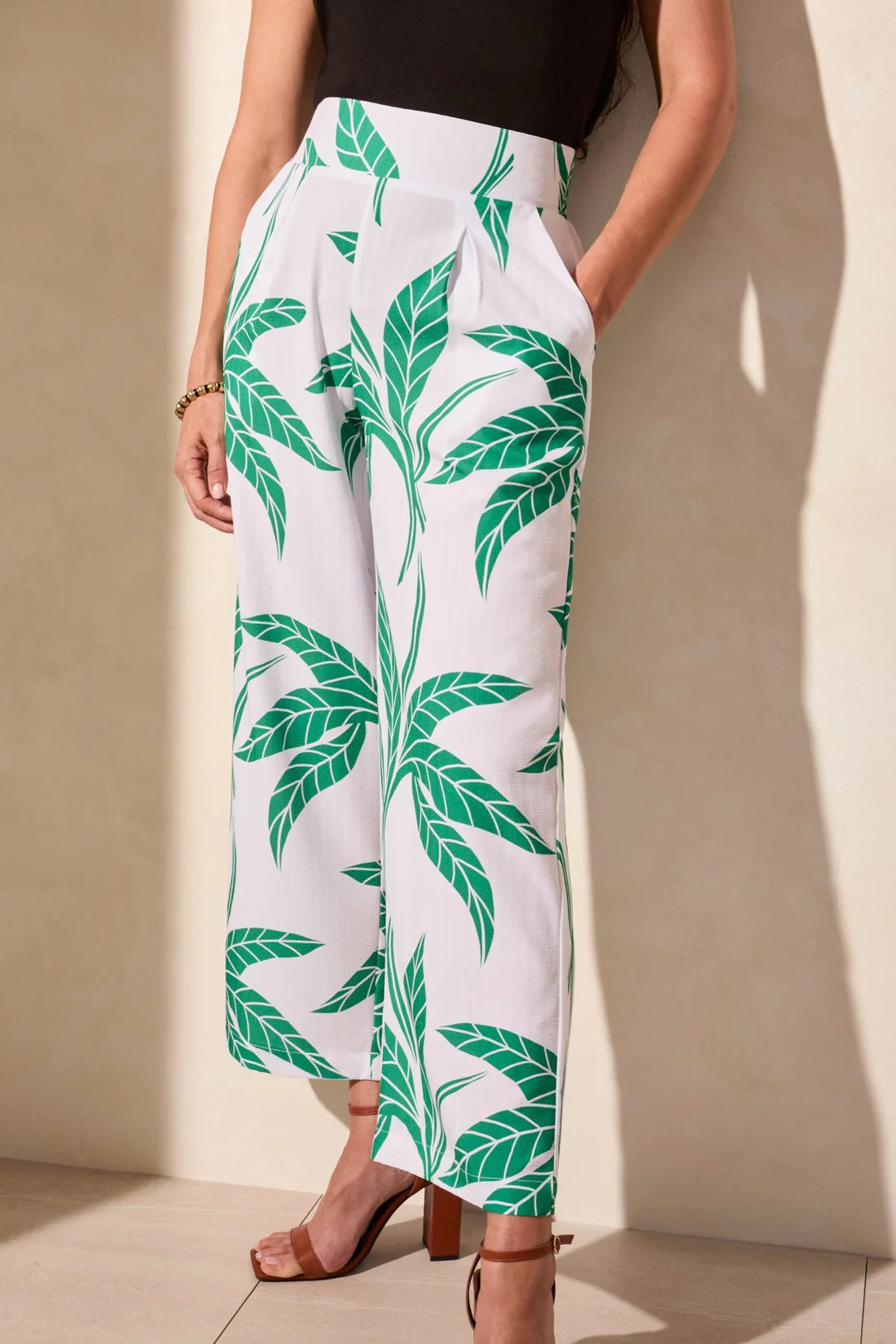 Foliage Print Wide Leg Pull On Ankle pant