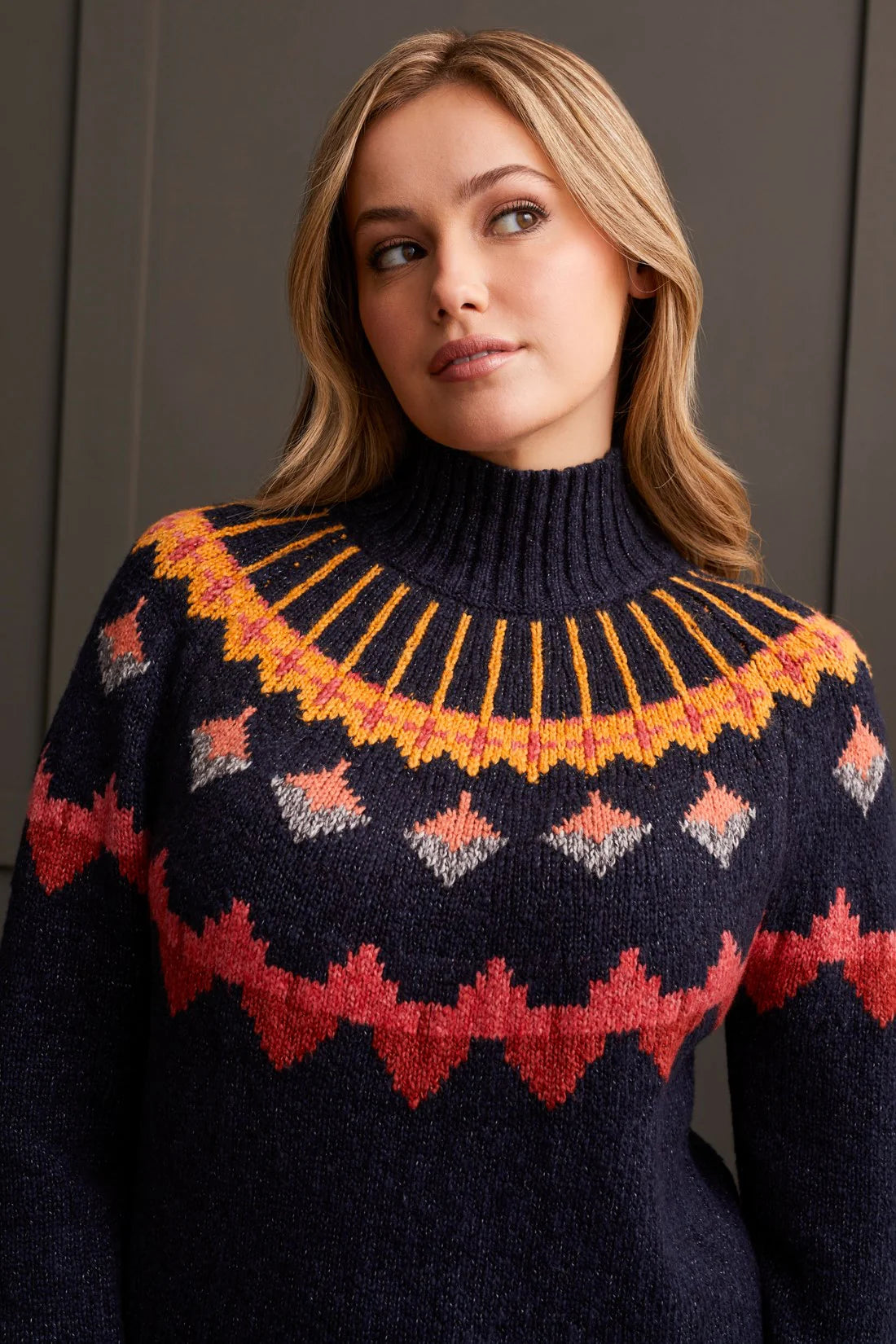 TRIBAL NOVELTY YARN MOCK NECK INTARSIA SWEATER