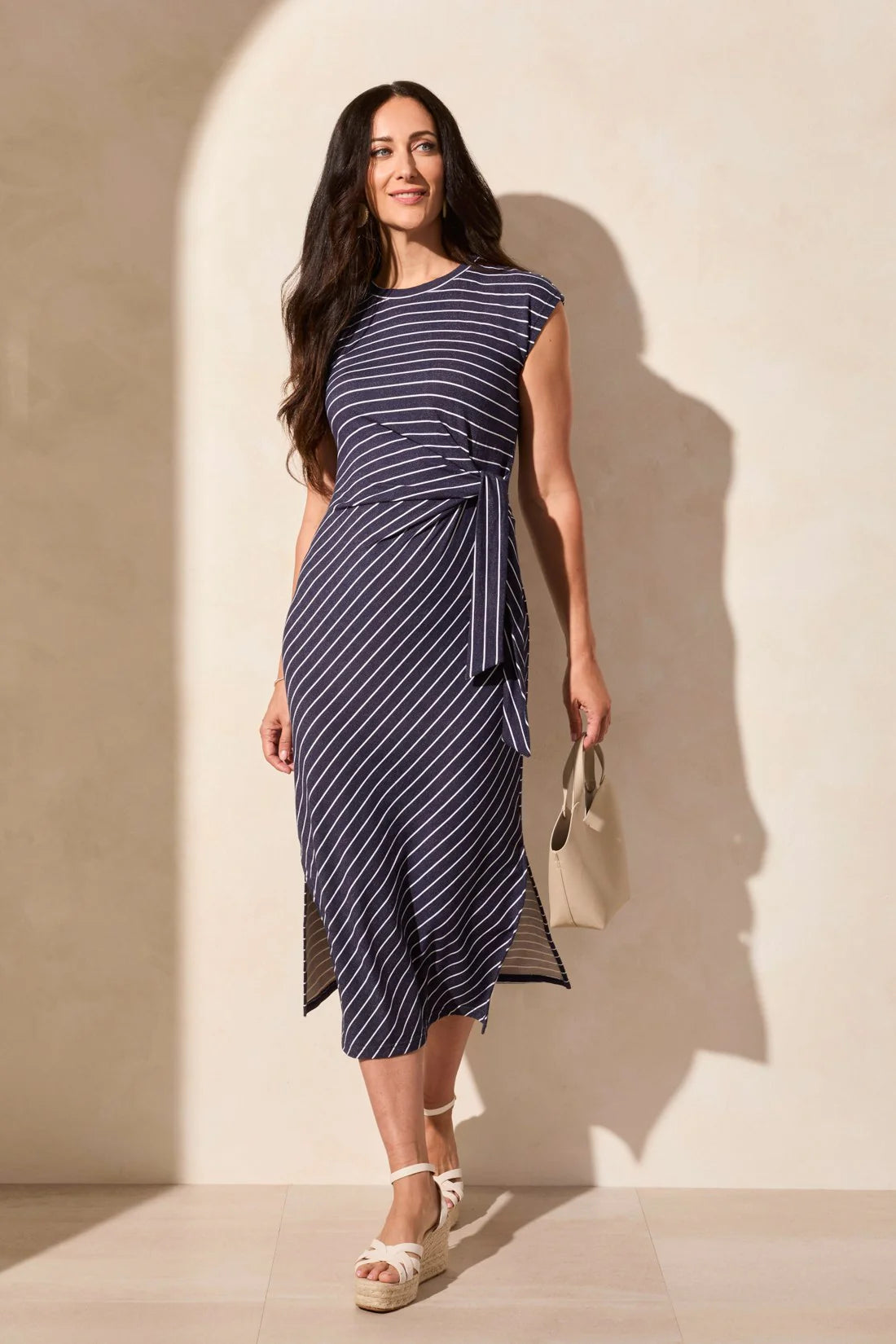 Waist Tie Nautical Stripe French Terry Dress