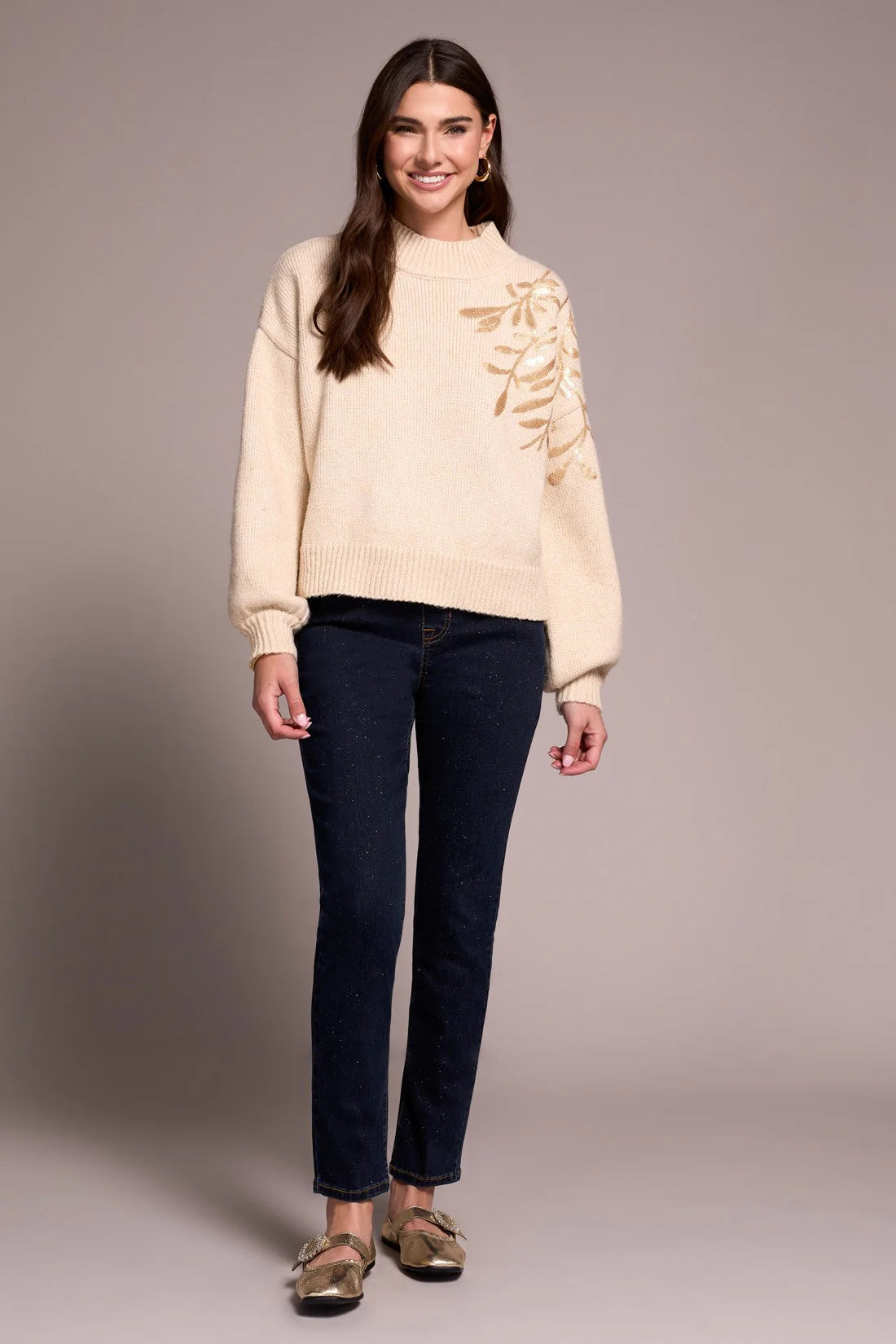 SEQUIN FLORAL APPLIQUE MOCK NECK SWEATER