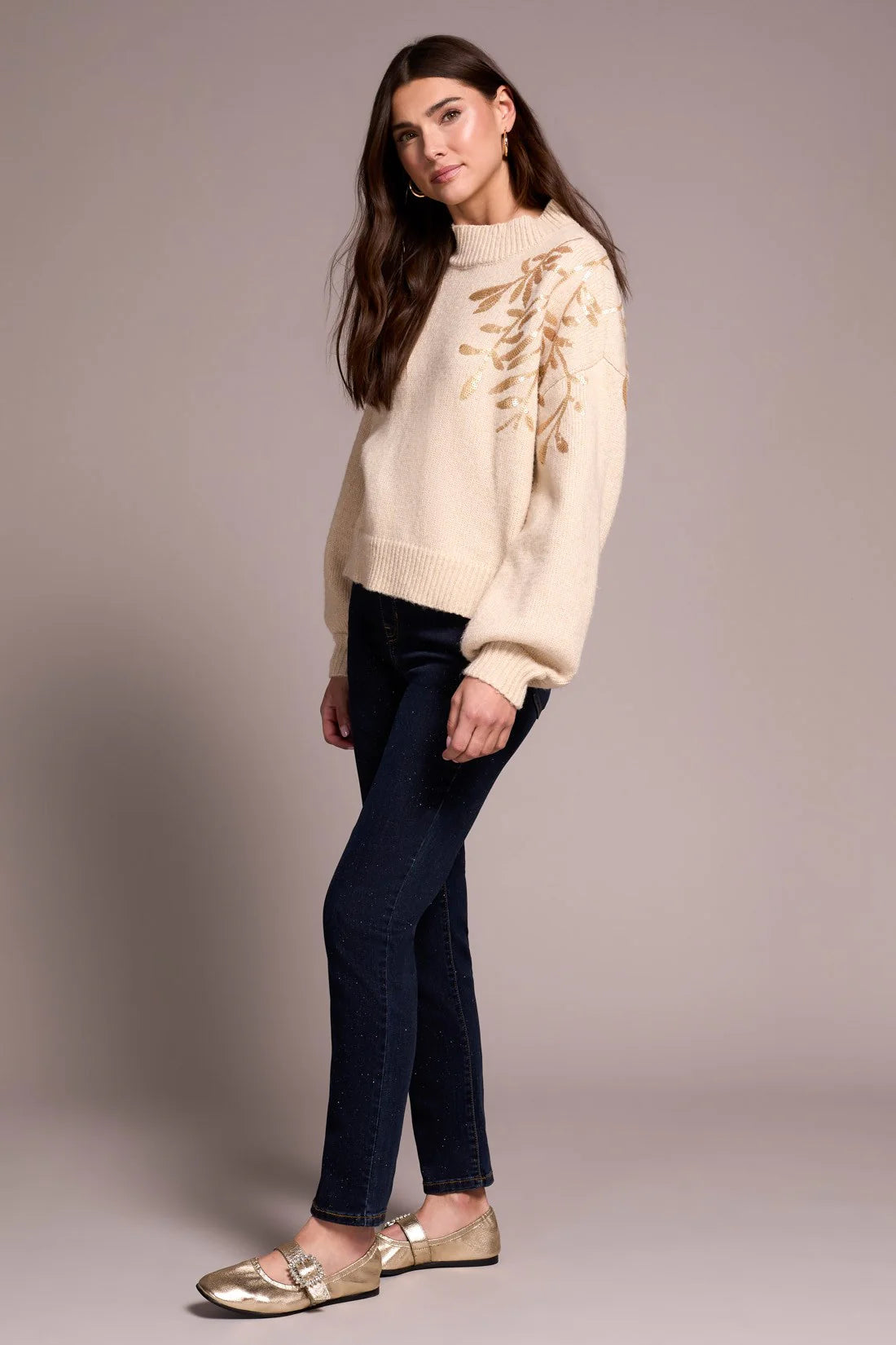 SEQUIN FLORAL APPLIQUE MOCK NECK SWEATER