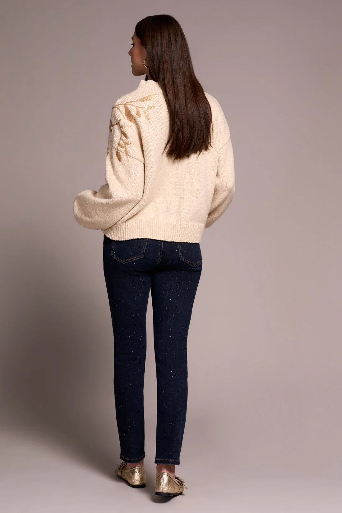 SEQUIN FLORAL APPLIQUE MOCK NECK SWEATER