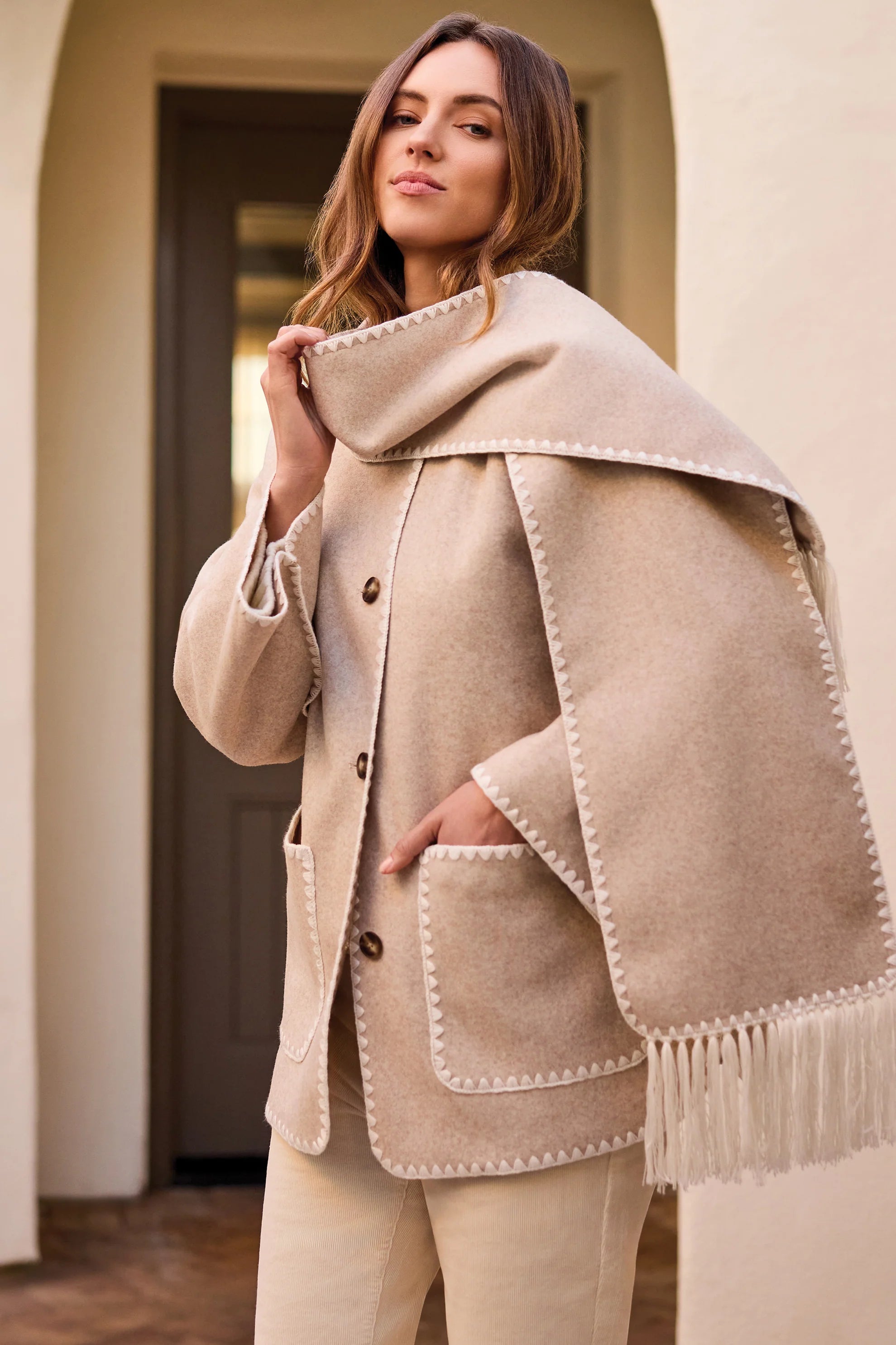 Button Front Coat with Detachable Scarf