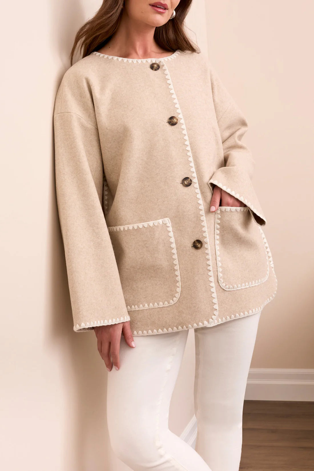 Button Front Coat with Detachable Scarf