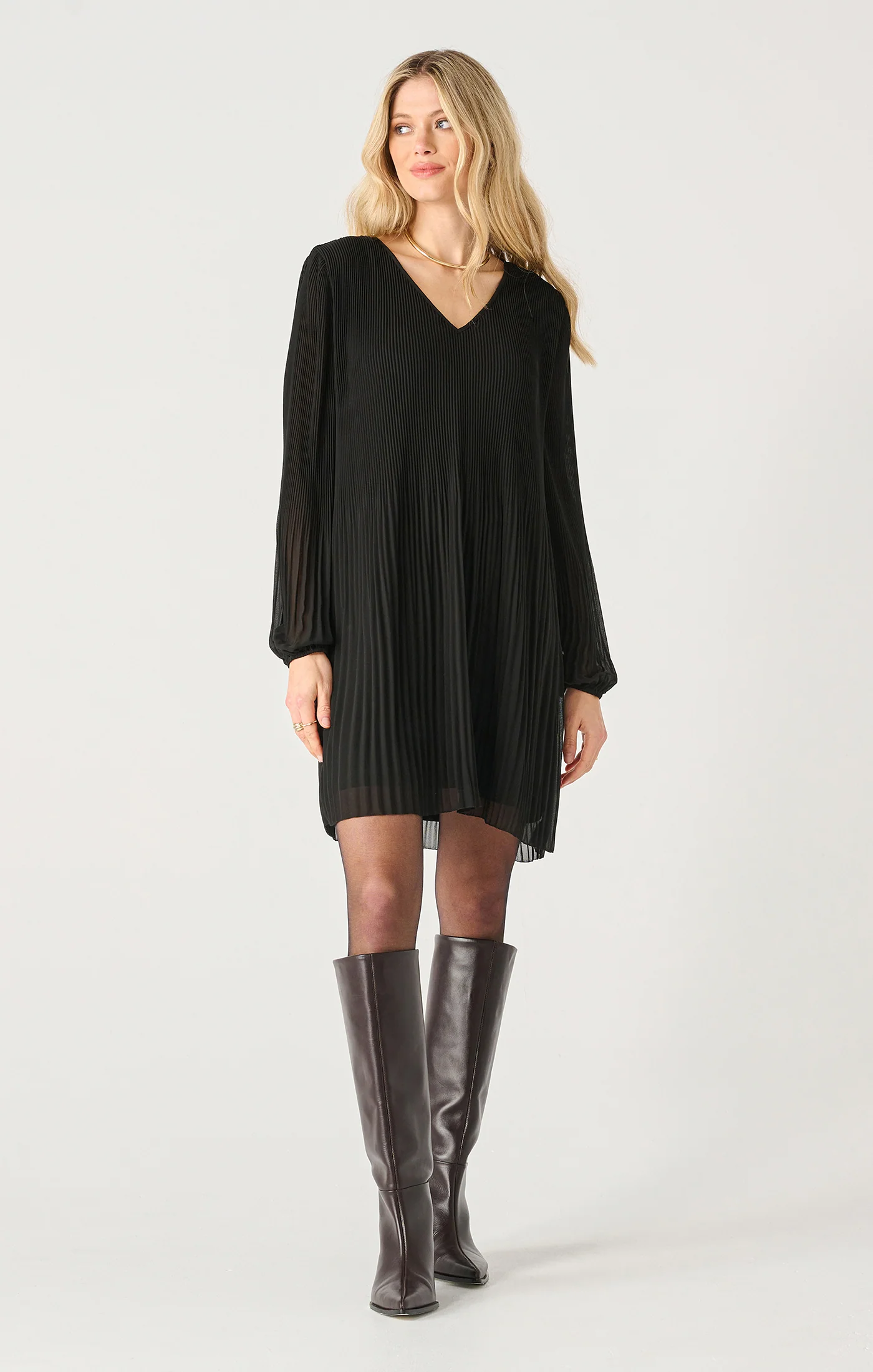 Dex Long Sleeved Pleated A-Line Dress